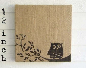 Owl on Branch - Burlap covered Cork Message Board 12 inch - Owl Wall Decor - Bulletin Board, Pin Board, Memo Board