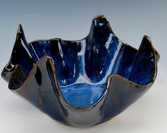 Blue Wavy Pointed Bowl Stoneware Clay Pottery