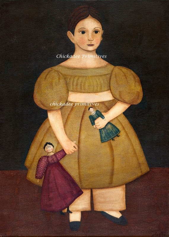 Primitive Folk Art Girl with Dolls Portrait