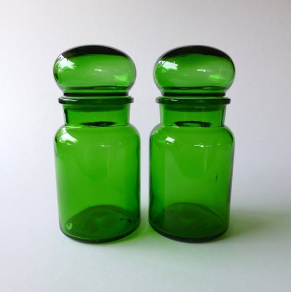 2 x MEDIUM Vintage Green Glass Apothecary Jars with by eclecticmoi