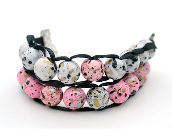 Pink and White Speckled with Silver Clasp - Ablet Knitting Abacus - Row Counting Bracelet