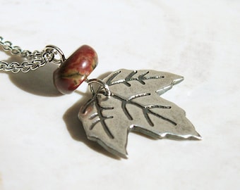 Jasper Fall Leaf Unique Necklace sterling chain autumn handmade recycled Fine Silver pendant nature earthy natural stone