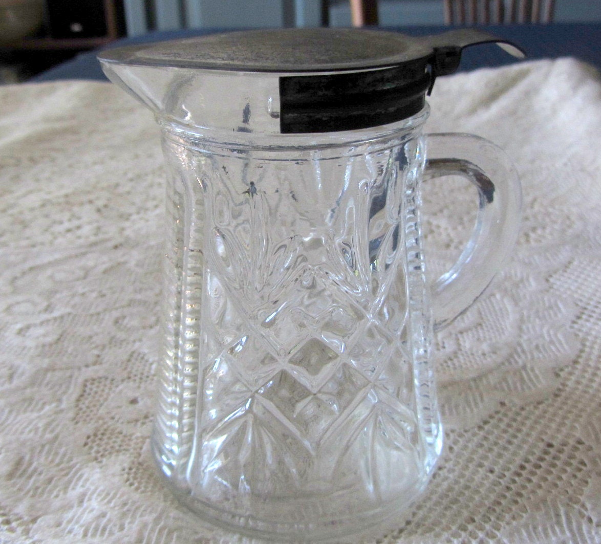 Antique Metal Top Glass Syrup Pitcher 1880 S