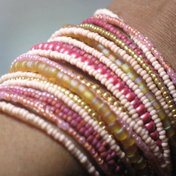 Blush Multi-Strand Beaded Bracelet in Peach, Pink, Magenta, Gold