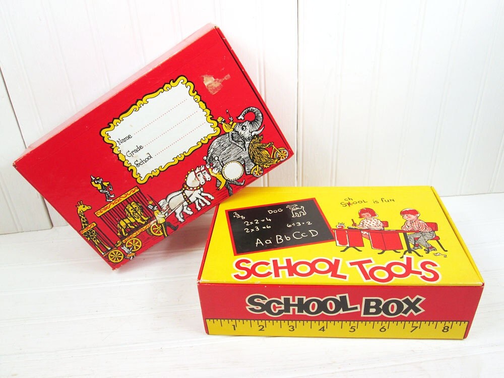 Vintage School Pencil Box Set Cardboard Supplies Storage