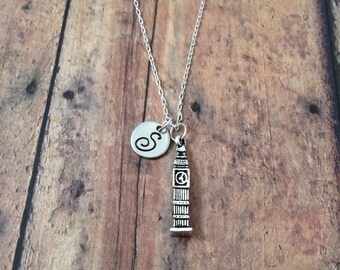 Big Ben initial necklace - London necklace, travel jewelry, Big Ben jewelry, Europe necklace, gift for traveler, silver Big Ben necklace
