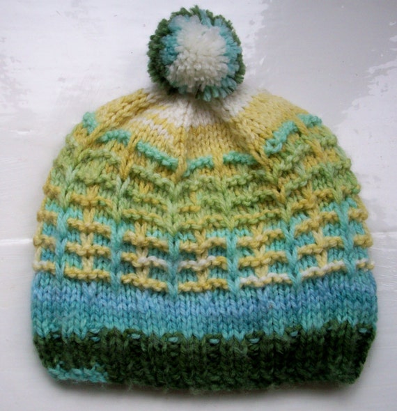 Baby's pompom hat vegan knit hat beanie green by SpinningStreak