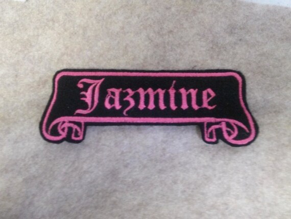Old english Name Patch scroll banner black felt with hot pink stitching
