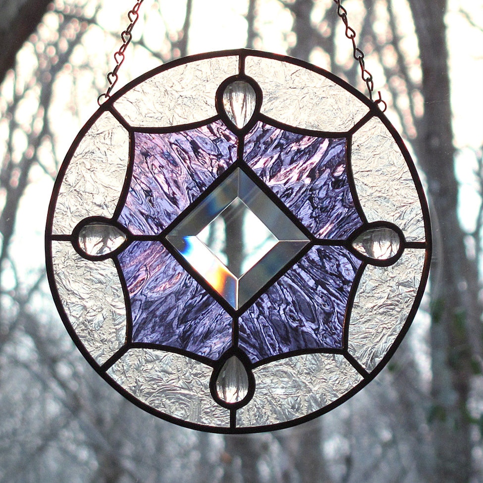 Violet Purple And Clear Stained Glass Suncatcher By Livingglassart