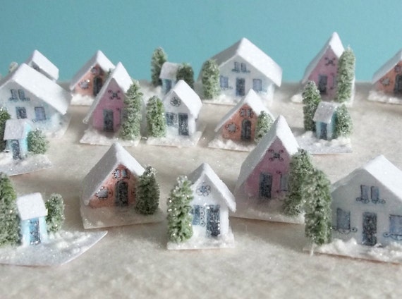 Set of 5 Tiny Pastel Color Houses / Vintage Putz Style Christmas Village Scene of Micro Miniature Glitter Sugar Houses Bottle Brush Tree