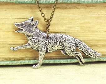 Fox Necklace. Antiqued Pewter and Antiqued Bronze Chain Necklace Pendant.