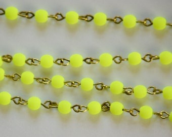 Neon Yellow Czech Glass Bead Chain Raw Brass Links 4mm chn151