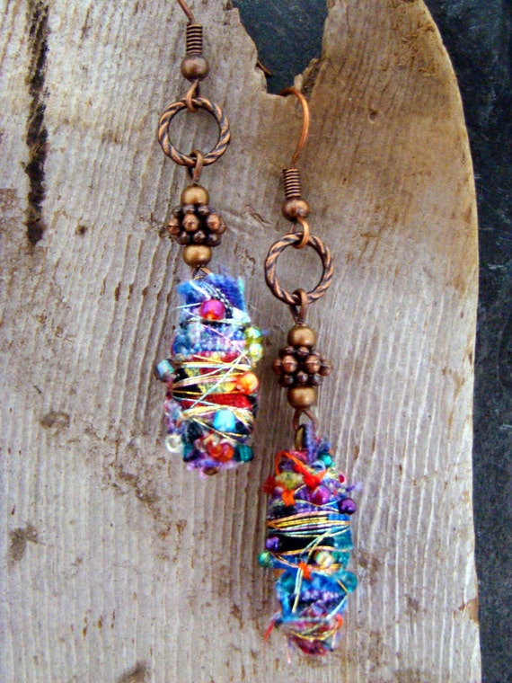 Colorful Boho Hippie Embellished Fabric Bead Earrings