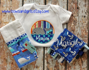 Personalized Whale Nautical Baby Gift Set Burp cloths Applique One ...