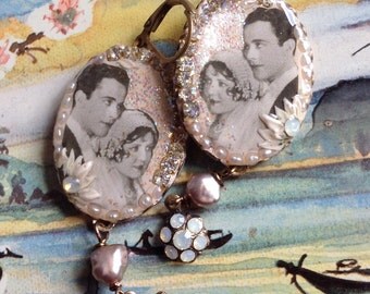 Lilygrace Romantic Couple Cameo Earrings with Vintage Rhinestones and Freshwater Pearls