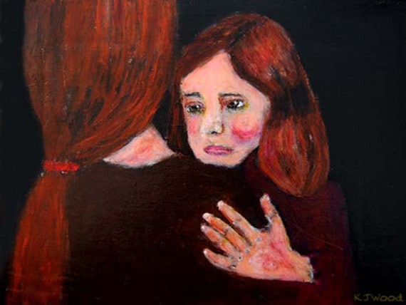 9x12 Matte Print, Please Don't Go, Little Girl Hugging Her Mother, Red hair, Ponytail, Black background