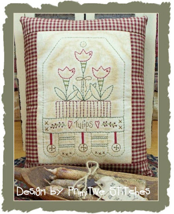 Tulip Tag-Primitive Stitchery E-PATTERN-by Primitive Stitches-Instant Download