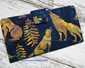 Handmade Long Wallet BiFold Clutch - Vegan Wallet - Woodland Wolf Batik
