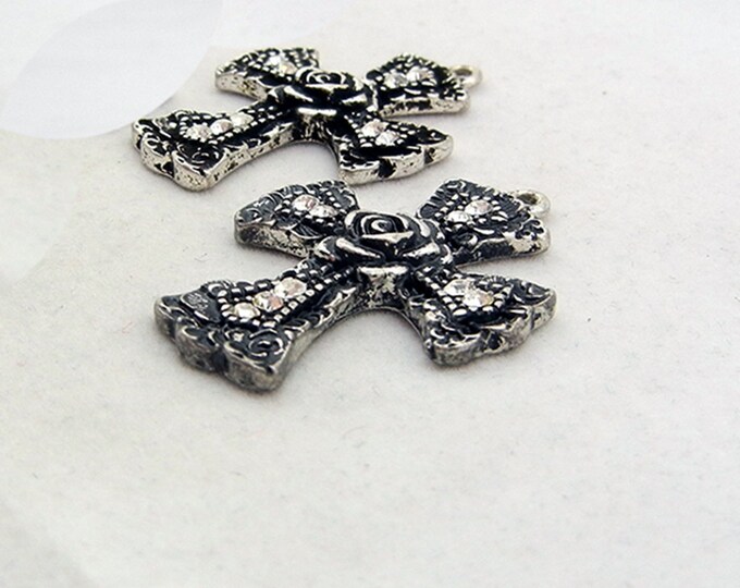 Pair of Antique Silver-tone Cross Charms Rhinestones with Rose Center