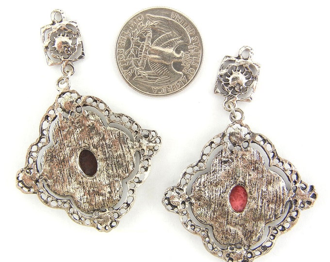 Pair of Antique Silver-tone Drop Charms Red Accents