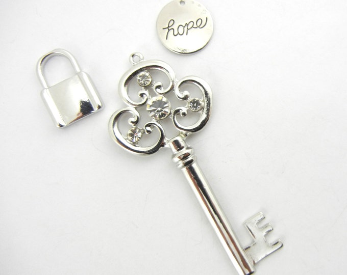 Set of Silver-tone Skeleton Key Pendant with Lock and Hope Charms