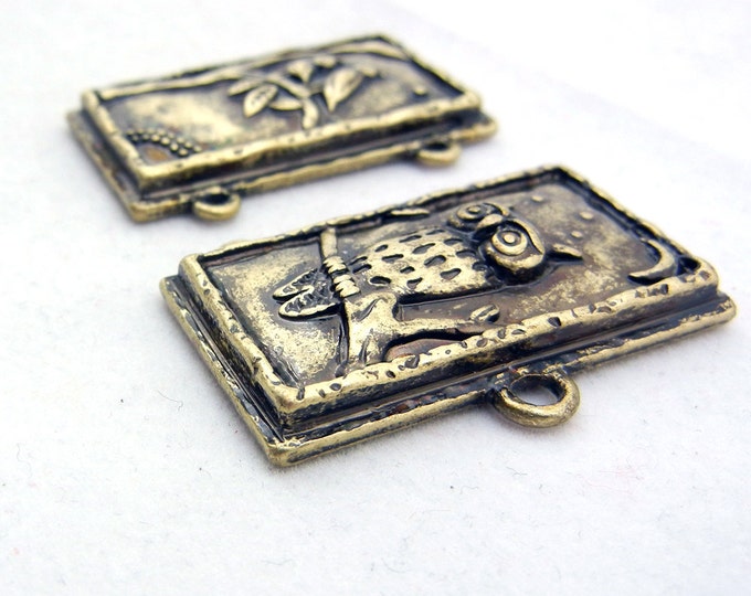 Pair of Double Link Burnished Gold-tone Rectanglular Bird and Owl Connector Charms