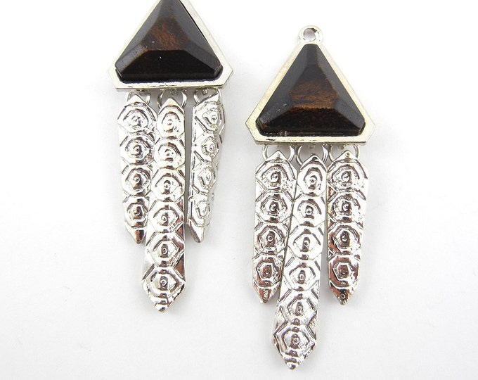 Pair of Brown Wood Triangles with Silver-tone Drops Charms