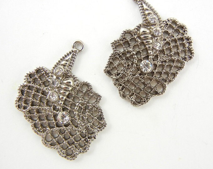 Antique Silver-tone Cross Hatch Leaf Charms Rhinestones Pair