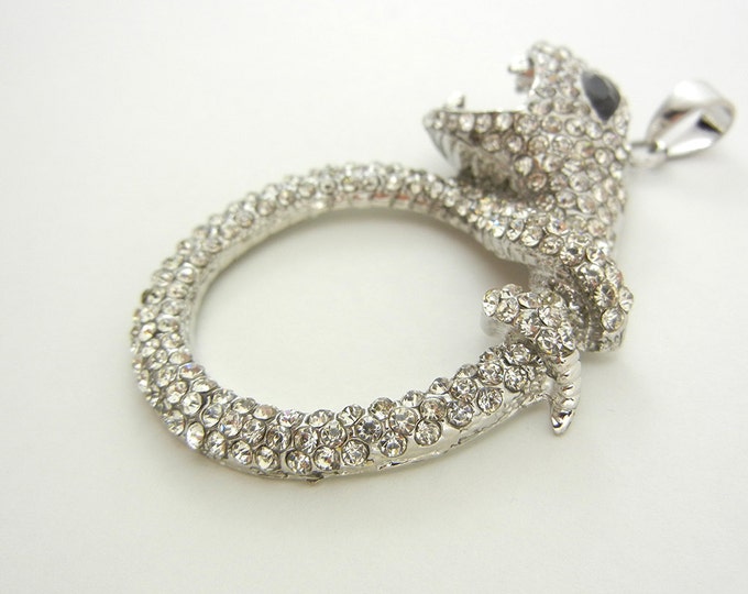 Silver-tone Rhinestone Encrusted Snake Pendant with Black Rhinestone Eye