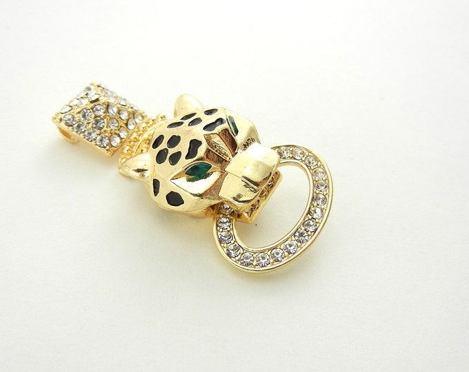Gold-tone Leopard Pendant with Rhinestones Double Link