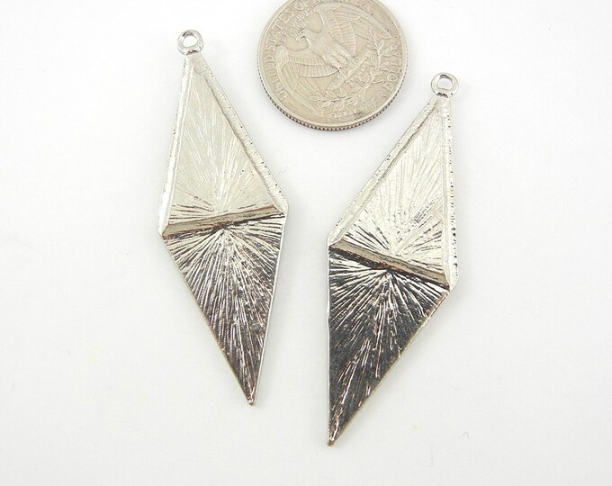 Pair of Diamond Shaped Drop Charms Hammered and Rhinestones