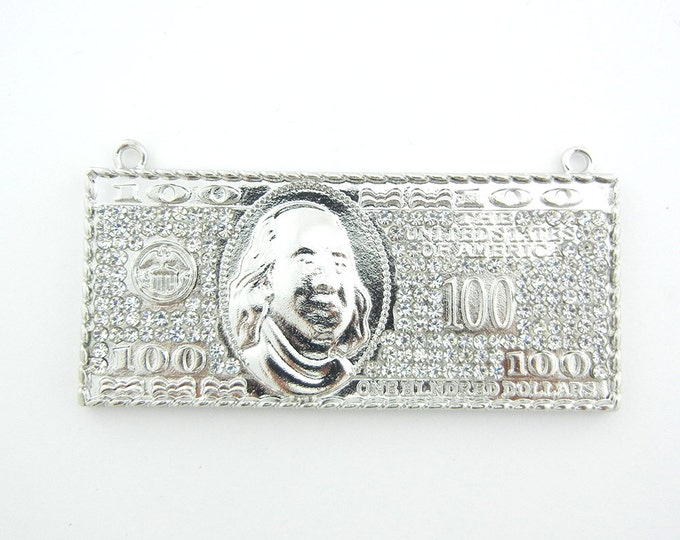 Large Double Link Silver-tone 100 Dollar Bill Pendant Rhinestone Accented