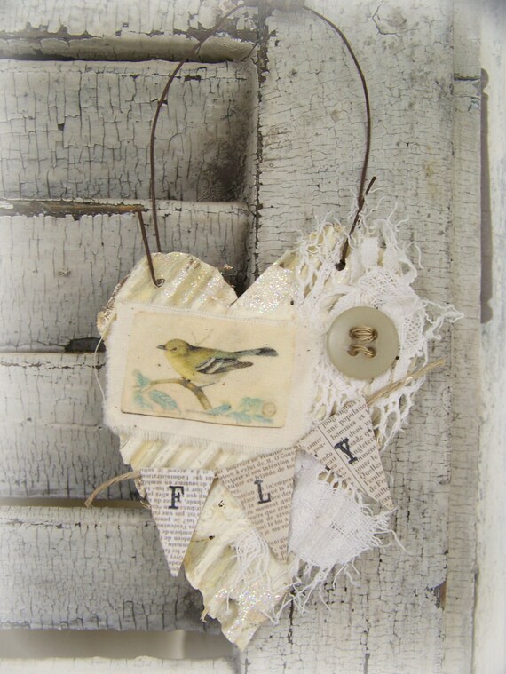 Shabby White Decor  Heart Ornament Vintage Bird Collage Vintage Mixed Media Cottage Style Heart Wall Hanging Antique Paper Heart Ornament