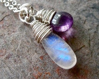 Rainbow Moonstone and Amethyst Sterling Silver Necklace