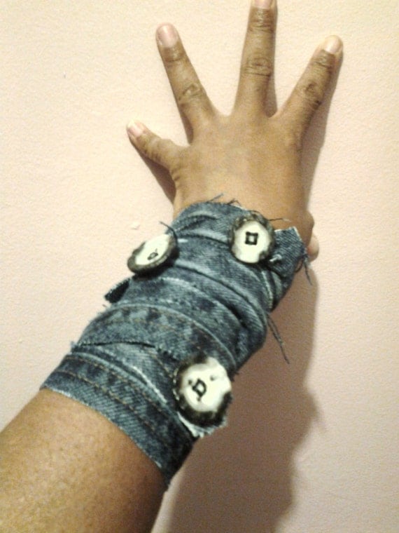 A Set of 3 Unique Ruff Edged Denim Arm Cuff Wraps with Buttons, Arm Wrap Cuff, Cuff, Arm Bands