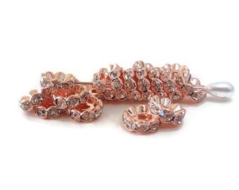 12 (10mm) Crystal Rhinestone Rondelle Spacer Beads, Rose Gold Metal Color , Jewelry making Bead Supply, Brass, Grade AAA, Lead & Nickel Free
