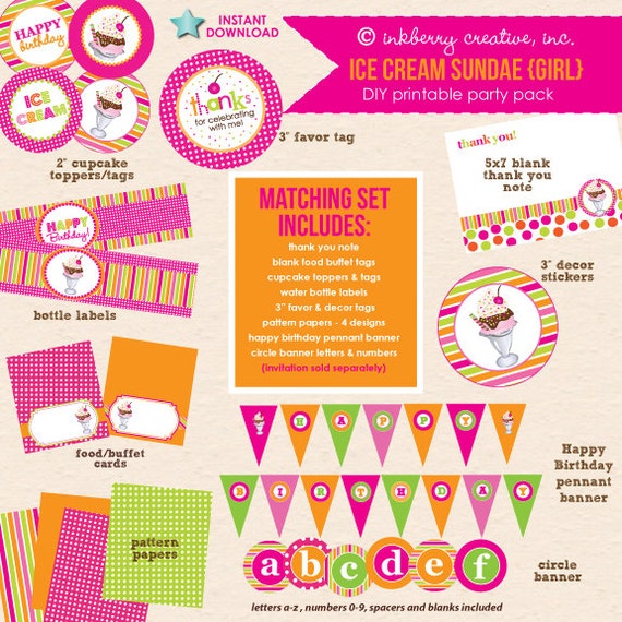 Sprinkles On Top - Ice Cream Sundae (Pink & Orange) Birthday - DIY Printable Party Pack- Instant Download PDF File Il_570xn
