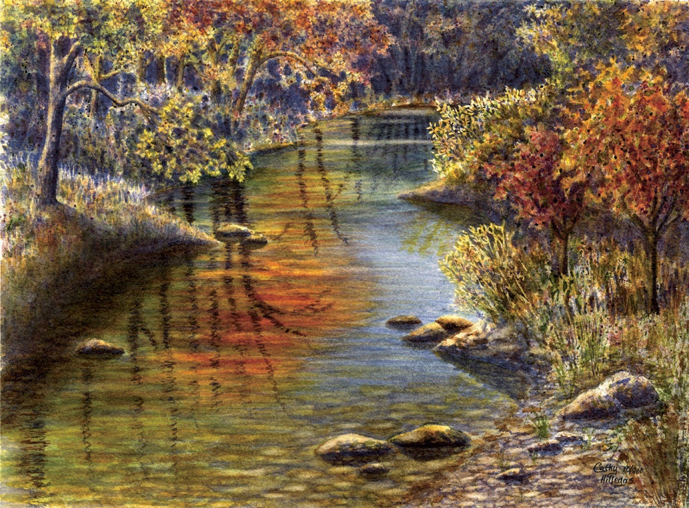 Autumn Creek Watercolor Painting Print by Cathy Hillegas