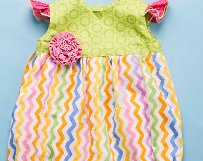 Baby Girl Easter Romper - Shower Gift - 1st Birthday Outfit - Pastel Bubble Romper - Flutter Sleeves - Chevrons - sizes Newborn - 18 mos