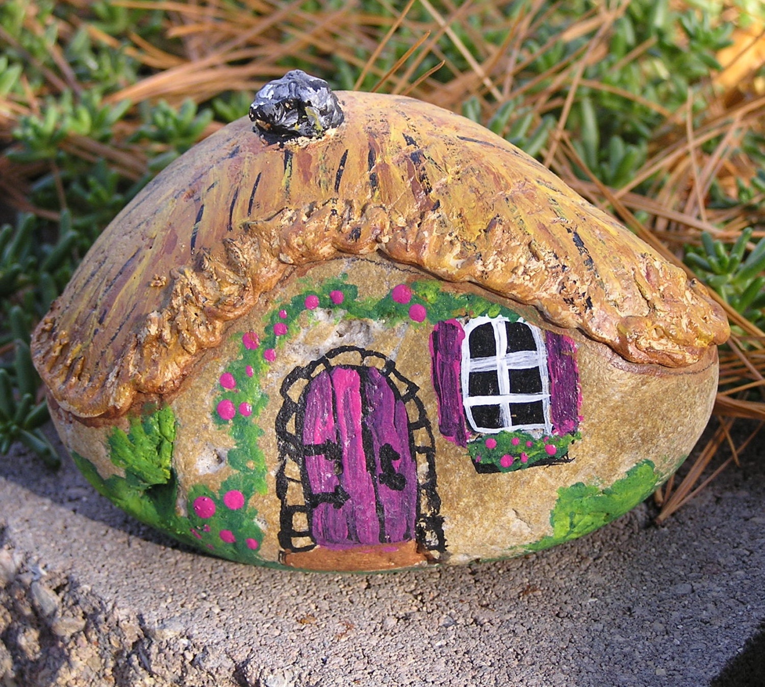 Miniature Stone Cottage hand painted rock fairy by outofthedoor