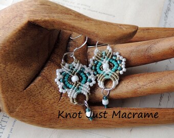 Khaki Turquoise and White Lacey Beaded Macrame Earrings MicroMacrame