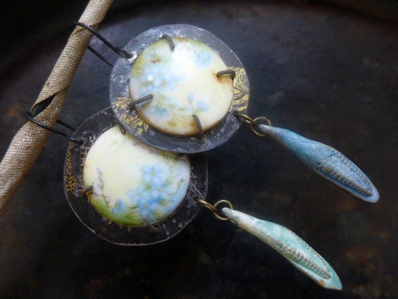 Garden of Endless Sleep . Rustic assemblage earrings painted floral plates and porcelain art drops.