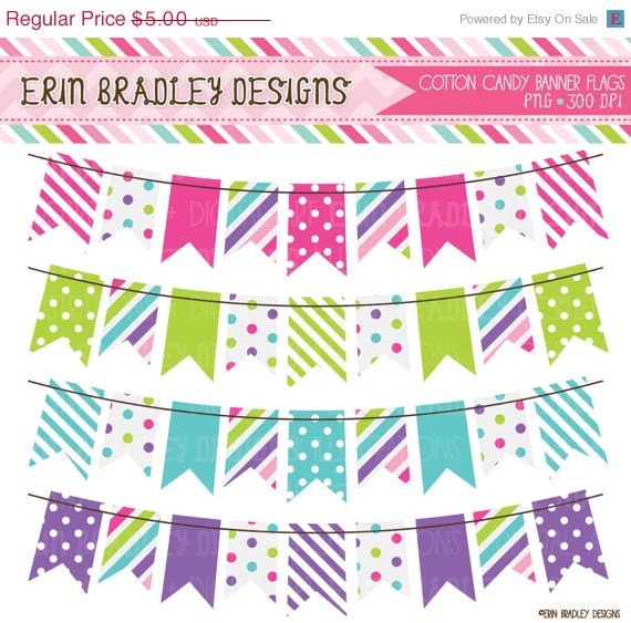 50% OFF SALE Cotton Candy Colorful Bunting Banner Flag Clipart Clip Art Set Personal & Commercial Use Il_570xn