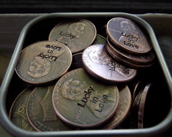 Penny favors, stamped with Lucky in Love, 50 penny favors, Lucky penny favors, Wedding Favors, Bridal shower favors