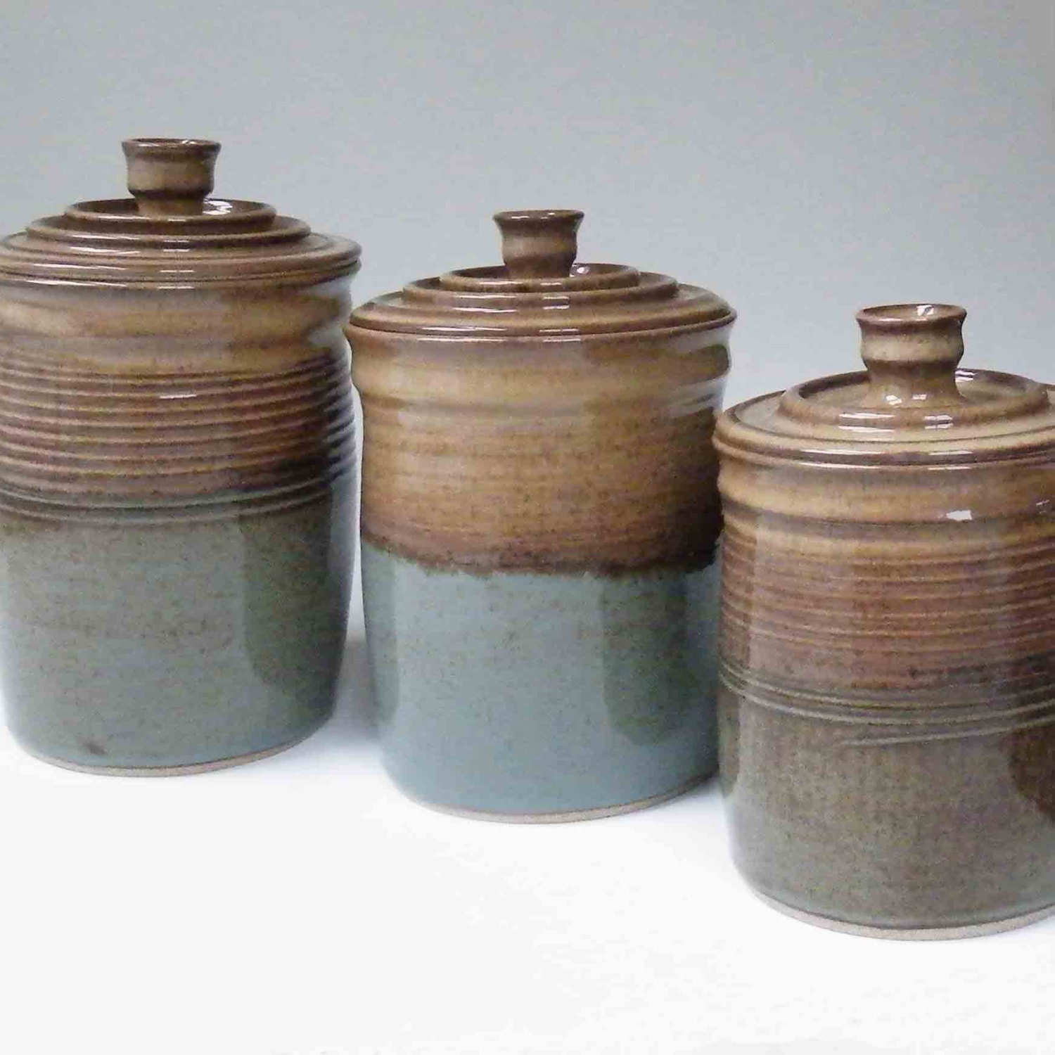 MADE TO ORDER Kitchen Set of 3 Canisters Brown with Blue