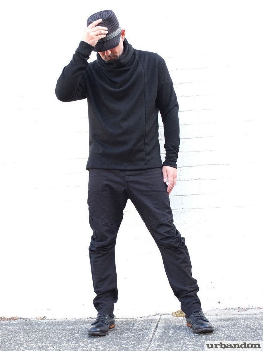 Mens Black Jumper. Draped front and cowl neck jumper. by URBANDON