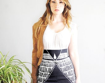 Nyala, Midi skirt, High Waist, Pencil Skirt in Black, high waist skirt, printed pencil skirt, By Simka Sol, Hand Printed Tight Skirt