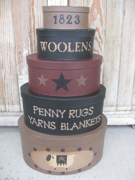 Primitive Penny Rug and Woolens Set of 5 Oval Stacking Boxes