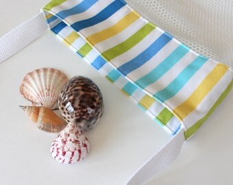 Mesh Beach Bag - Blue Green Stripe - Shell Collecting Bag - Beach Bag