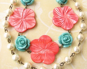 Multi Strand Necklace Statement Necklace Beaded Necklace Flower Necklace Coral Jewelry Gift For Her Woman Gift
